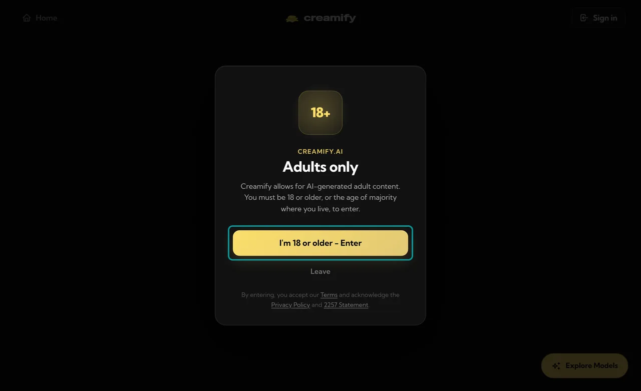 Creamify adults-only window, I’m 18 or older - Enter button