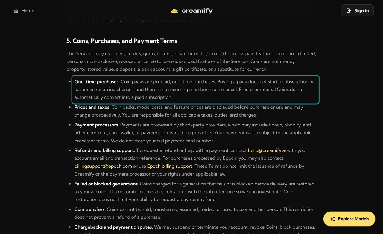 Creamify Terms, section 5 on one-time coin pack purchases