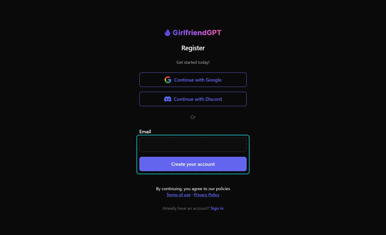 GirlfriendGPT Register form on the auth domain asking only for an e-mail address