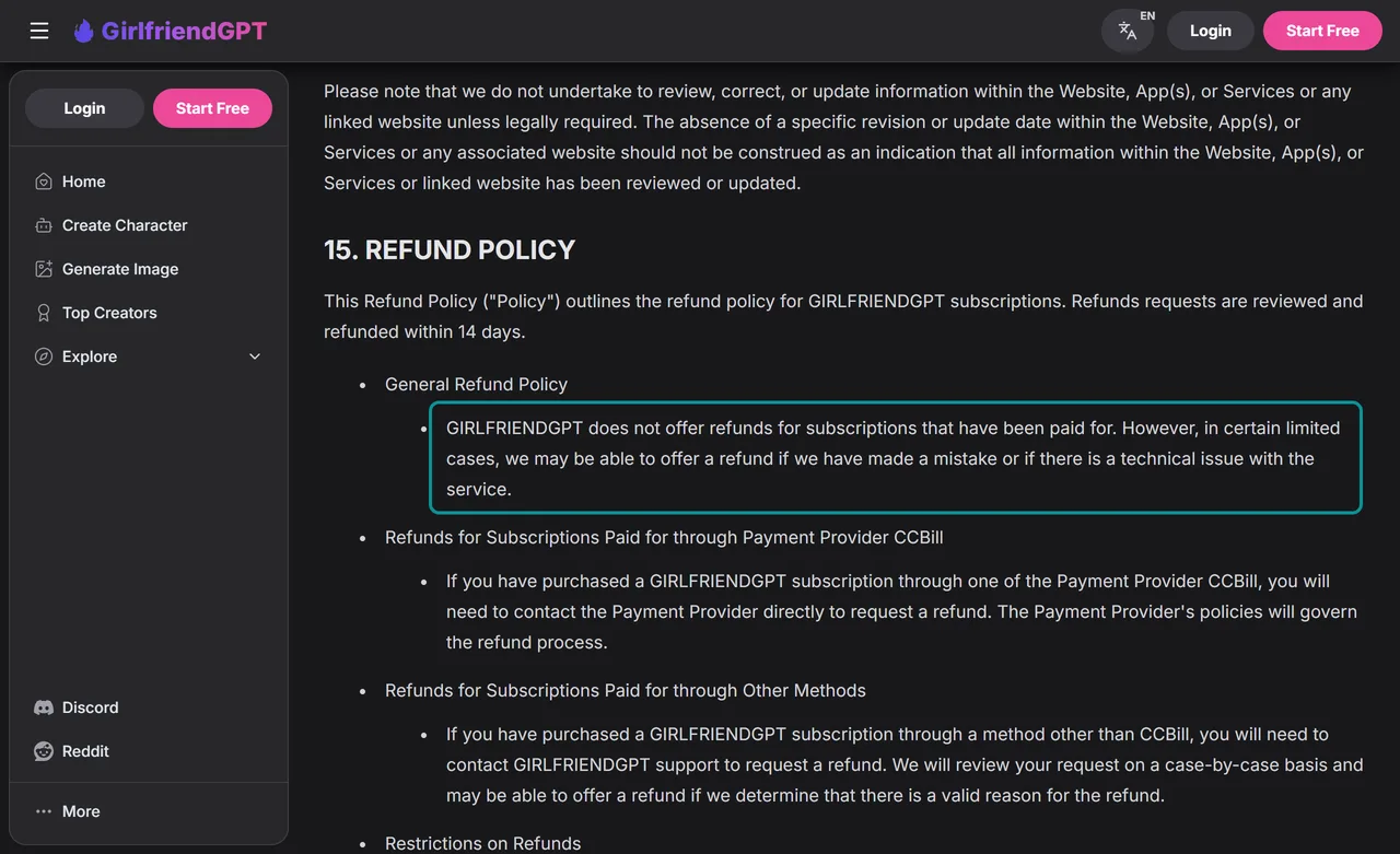 GirlfriendGPT Terms, clause saying it does not offer refunds for paid subscriptions