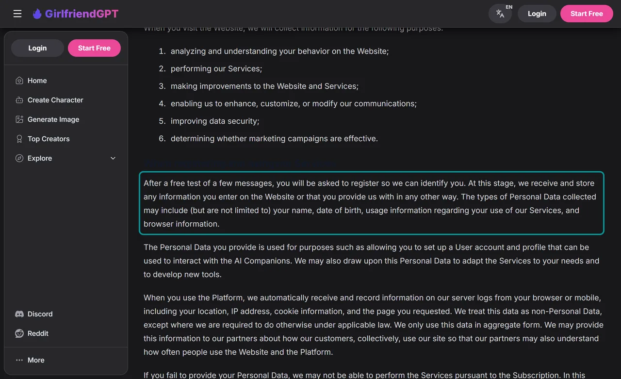 GirlfriendGPT Privacy Policy, line about registering after a free test of a few messages