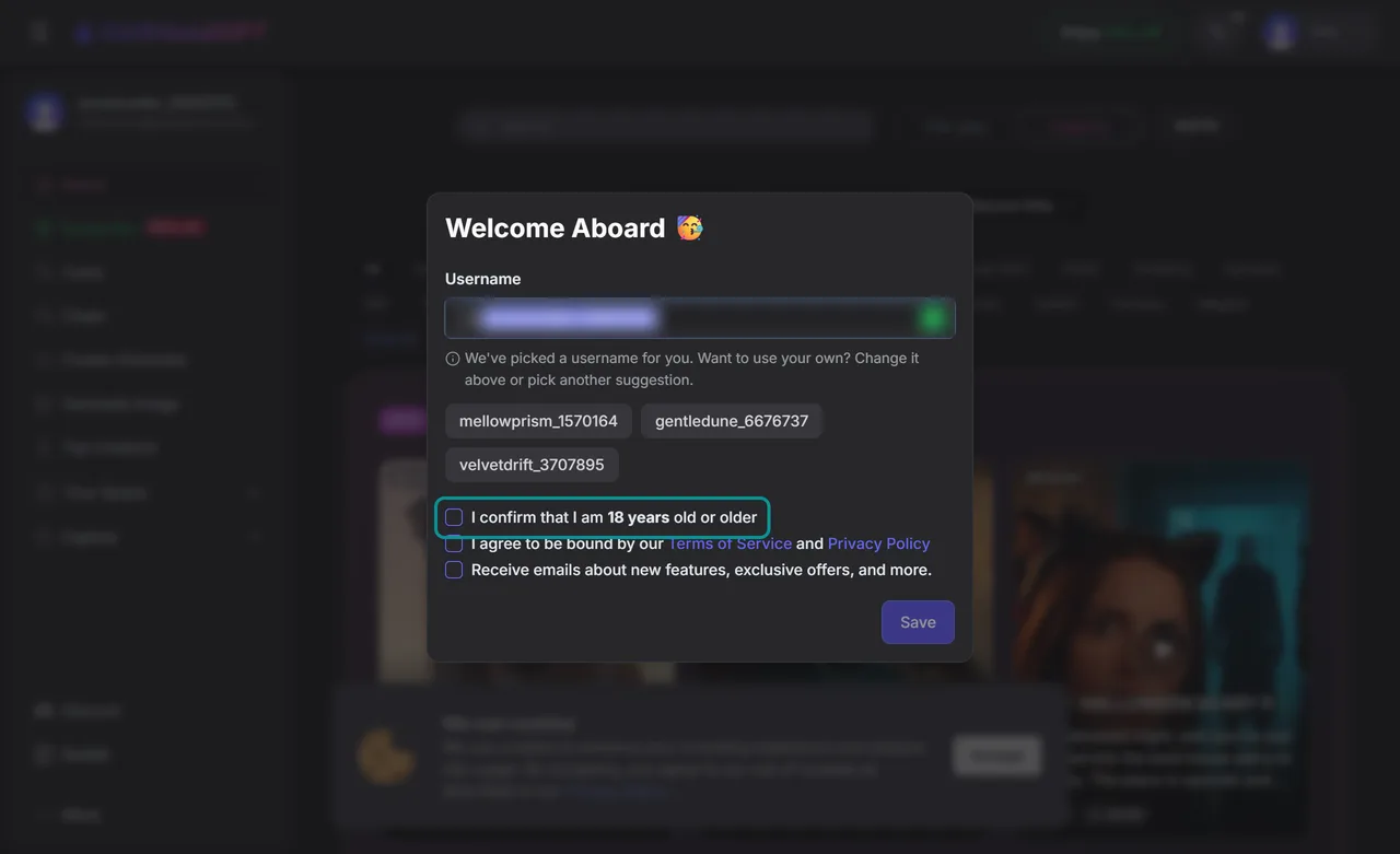 GirlfriendGPT Welcome Aboard window with the I confirm that I am 18 years old or older checkbox