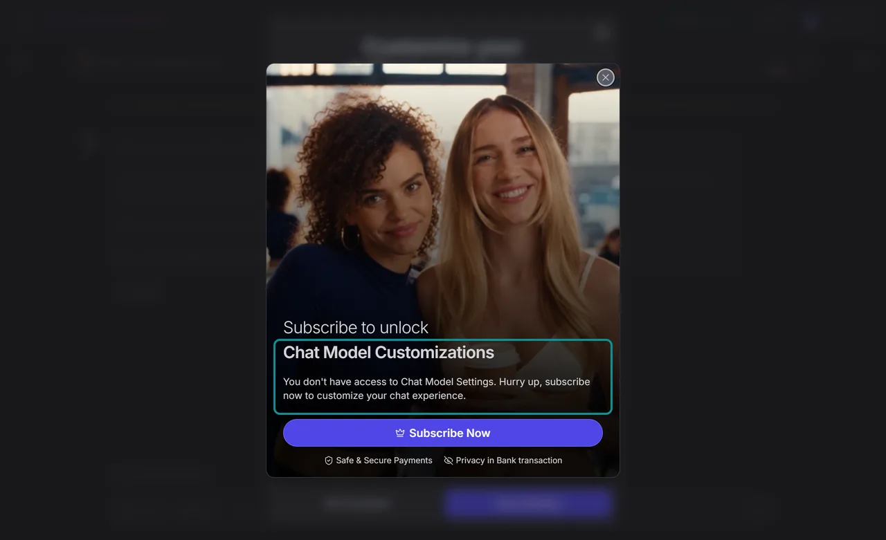 GirlfriendGPT window saying chat model settings need a subscription