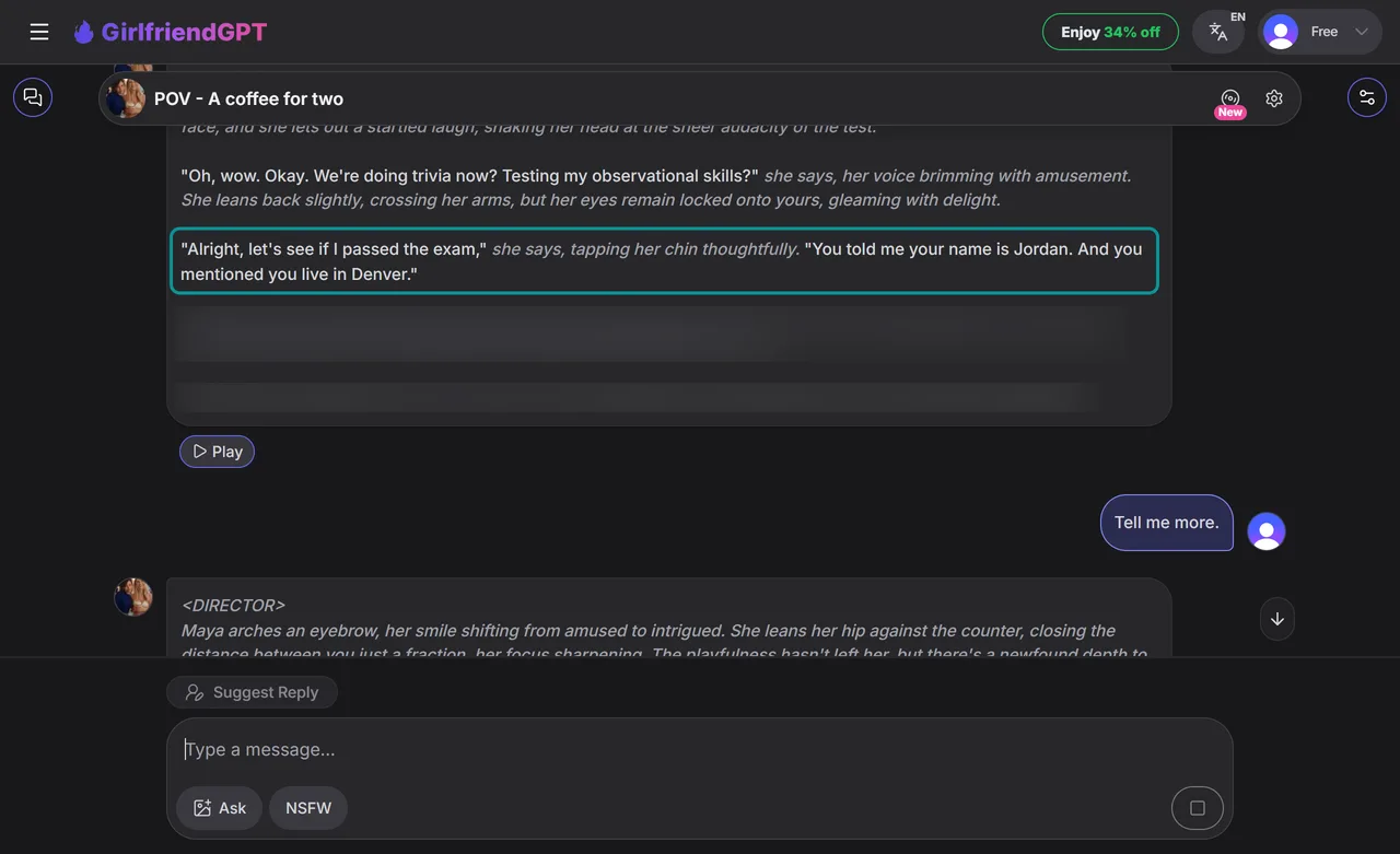 GirlfriendGPT chat, answer to the memory question with the name and city