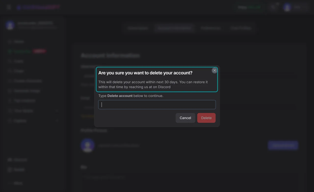GirlfriendGPT delete account window saying deletion takes up to 30 days