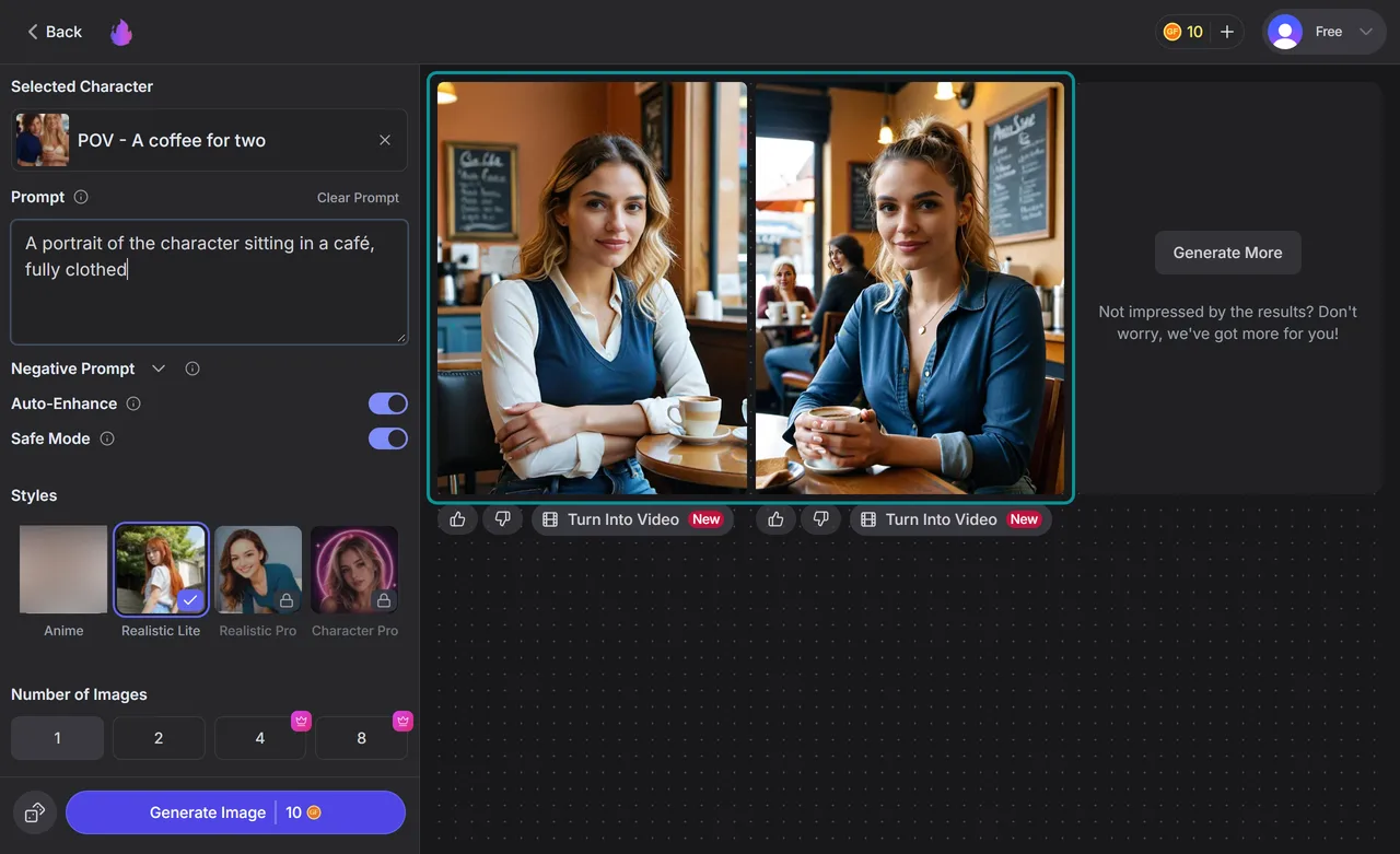 GirlfriendGPT image generator with Safe Mode on and two café portraits