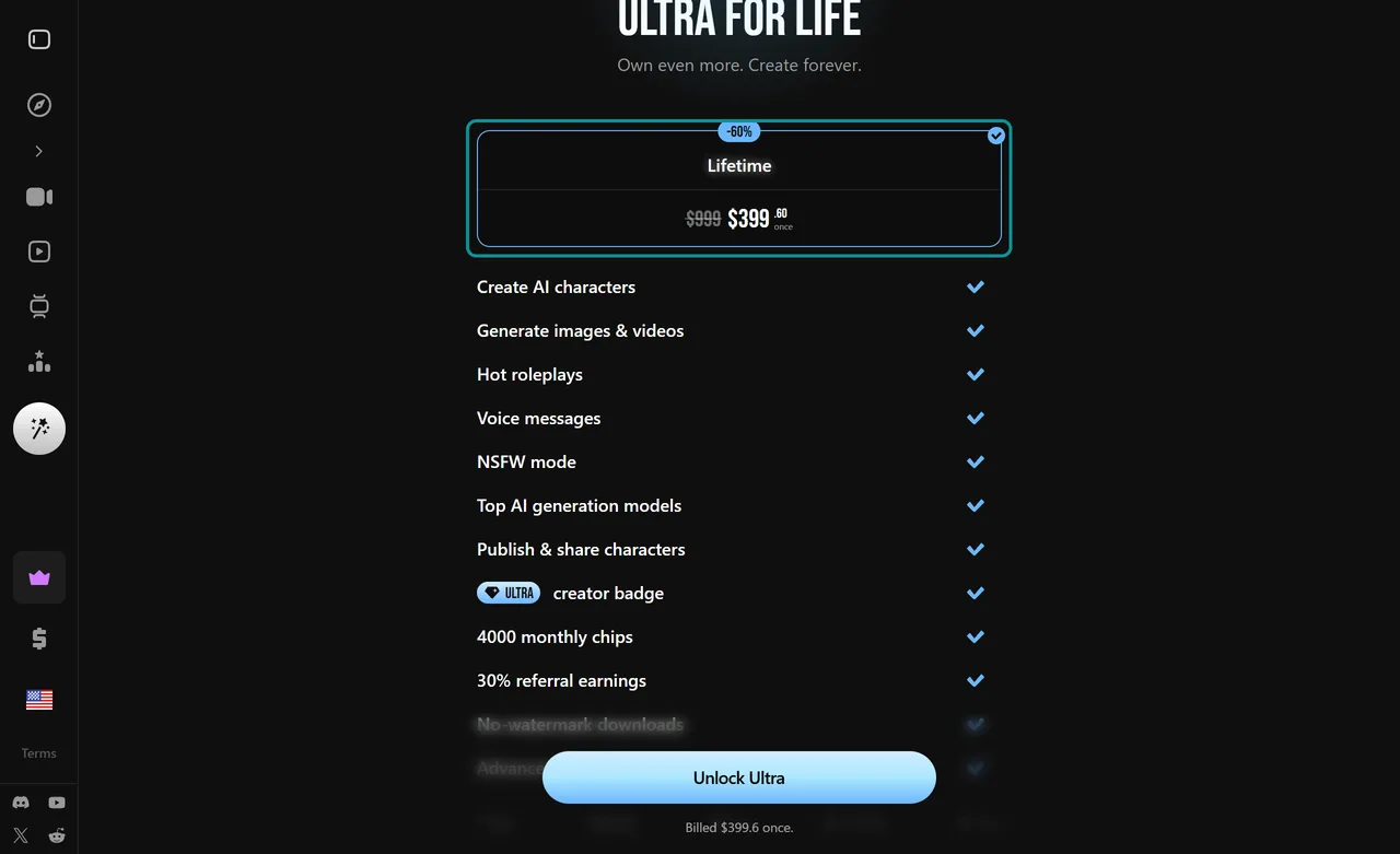 Lovescape plan page, Ultra sold as a one-time lifetime purchase