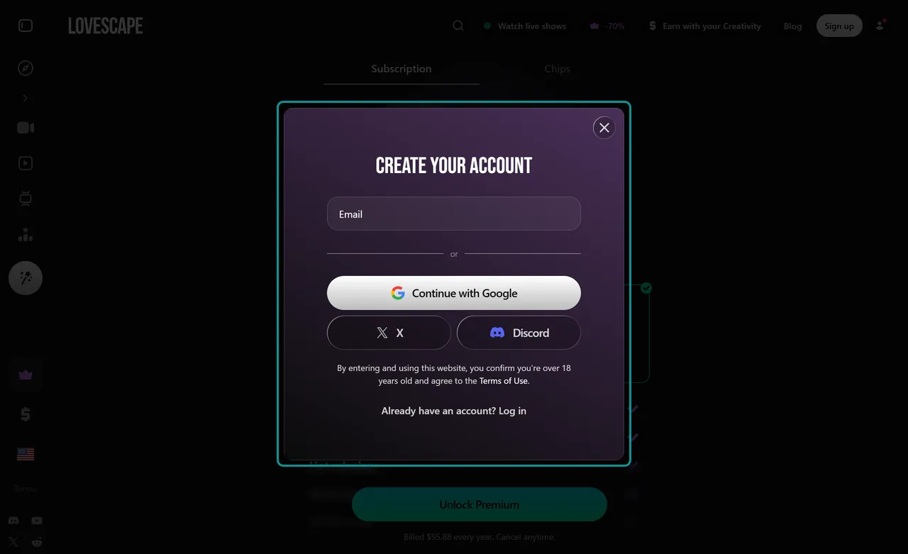Lovescape sign-up window asking only for an email, with Google, X, and Discord