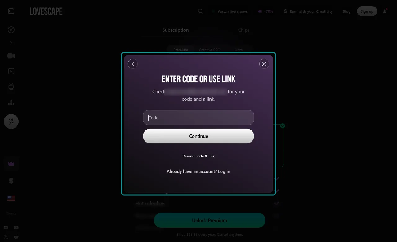 Lovescape code step asking for the code sent by email