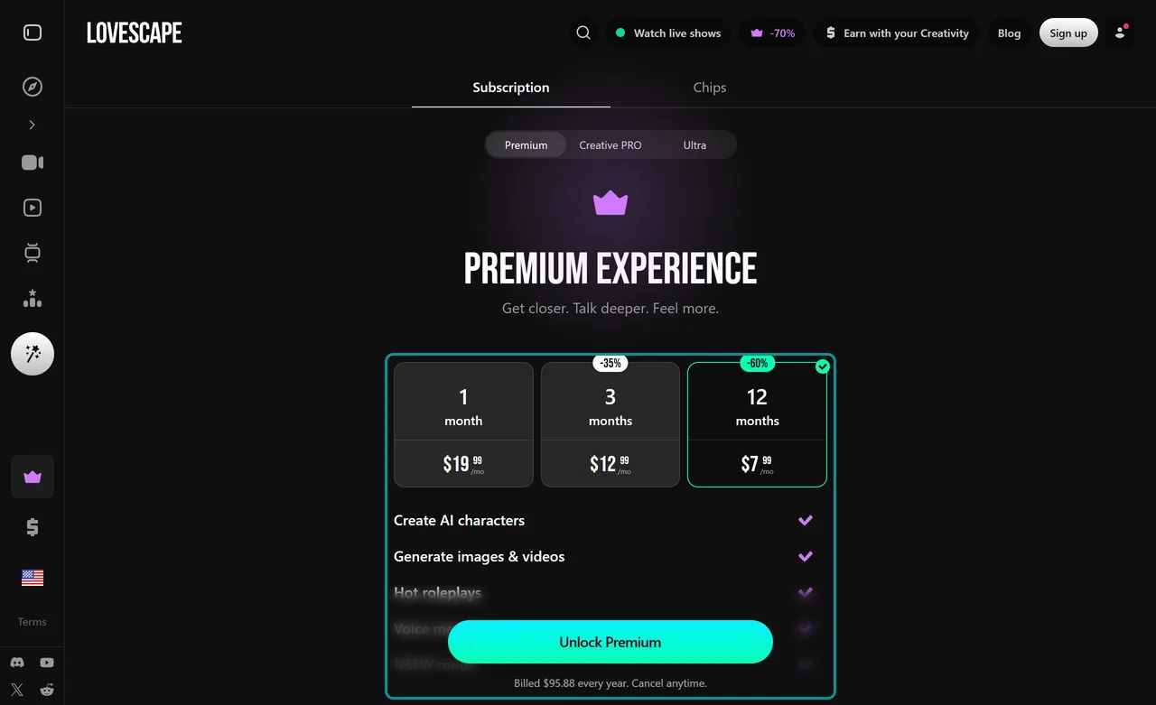 Lovescape Premium plans for 1, 3, and 12 months with the yearly billed total