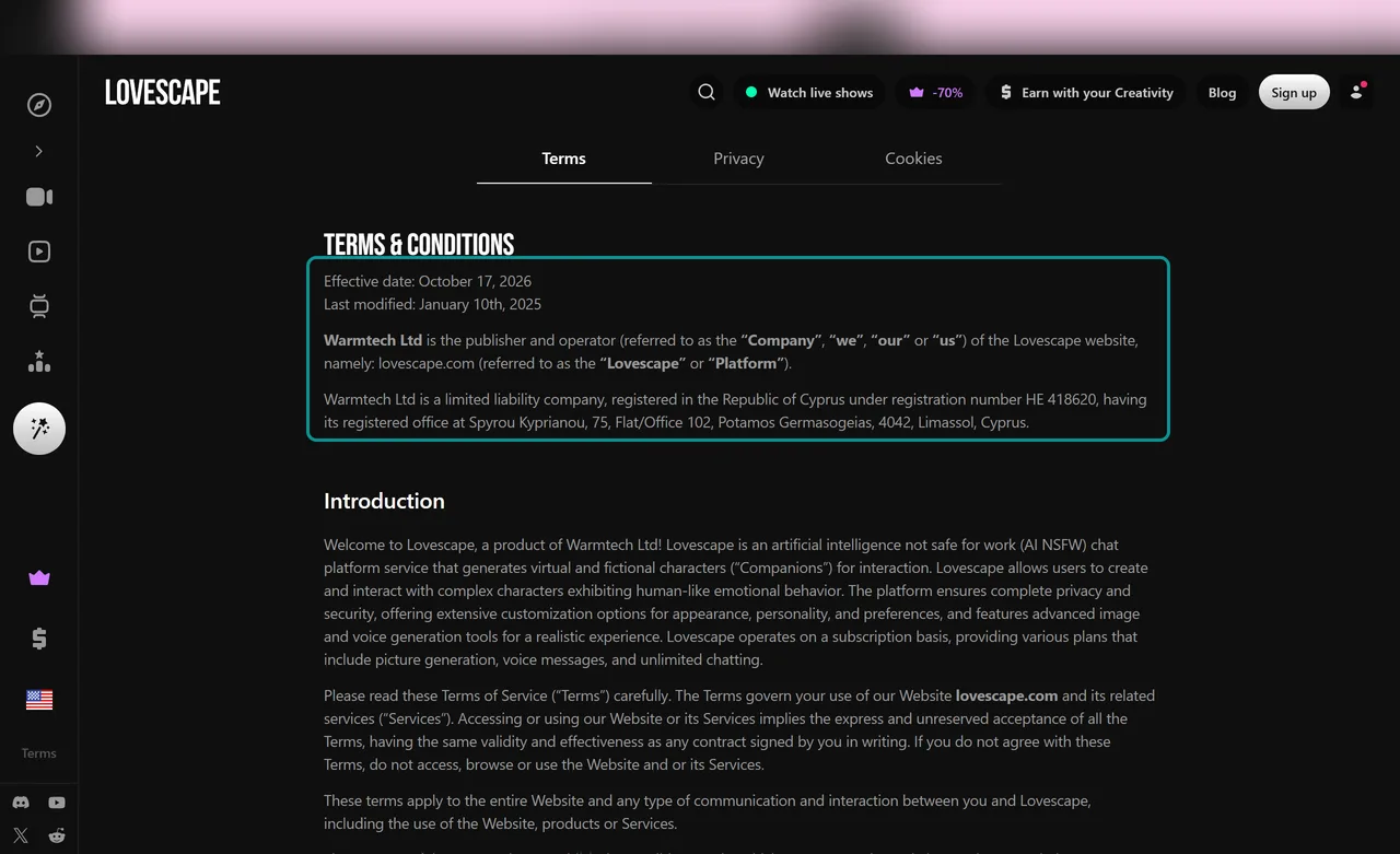 Lovescape Terms and Conditions showing the effective date and the publisher Warmtech Ltd