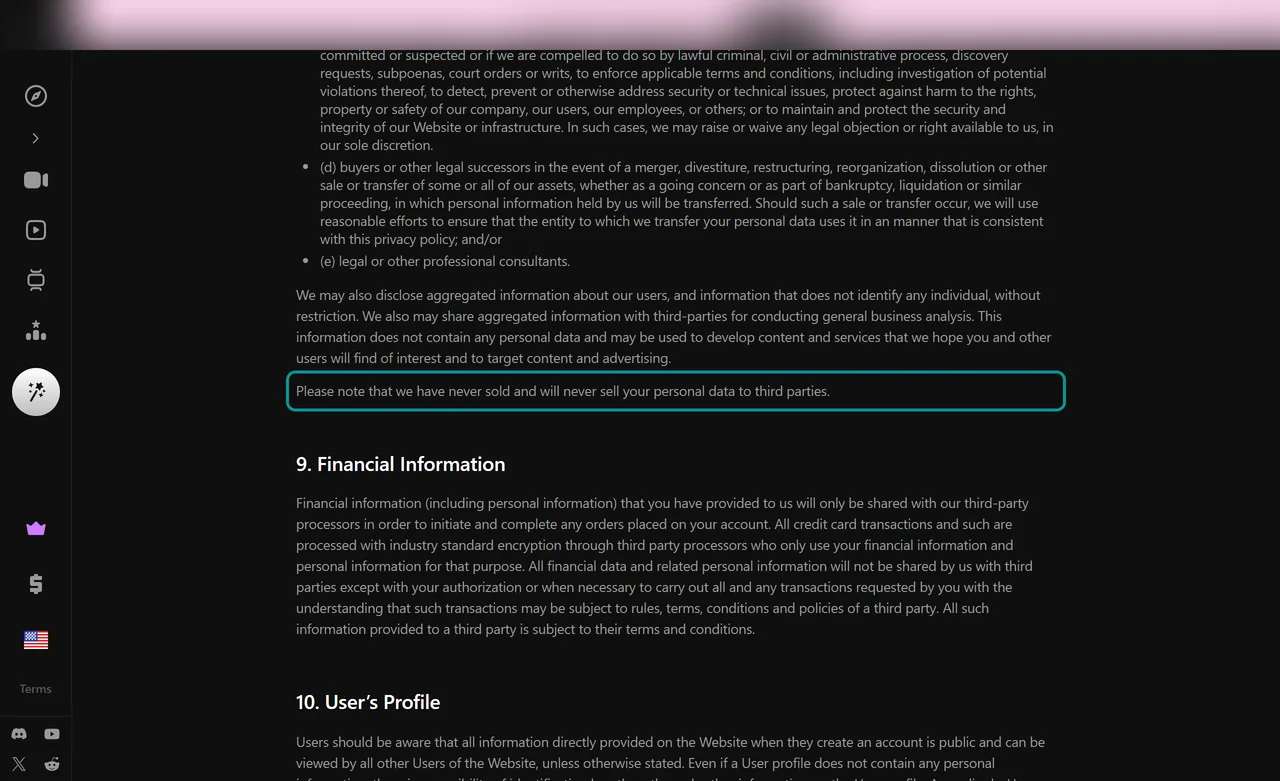 Lovescape Privacy Policy line saying personal data has never been sold
