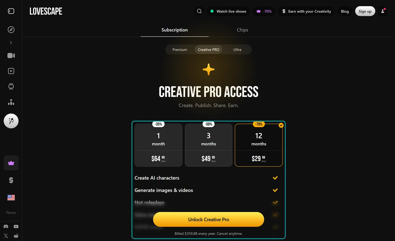 Lovescape Creative PRO plans for 1, 3, and 12 months with the yearly billed total