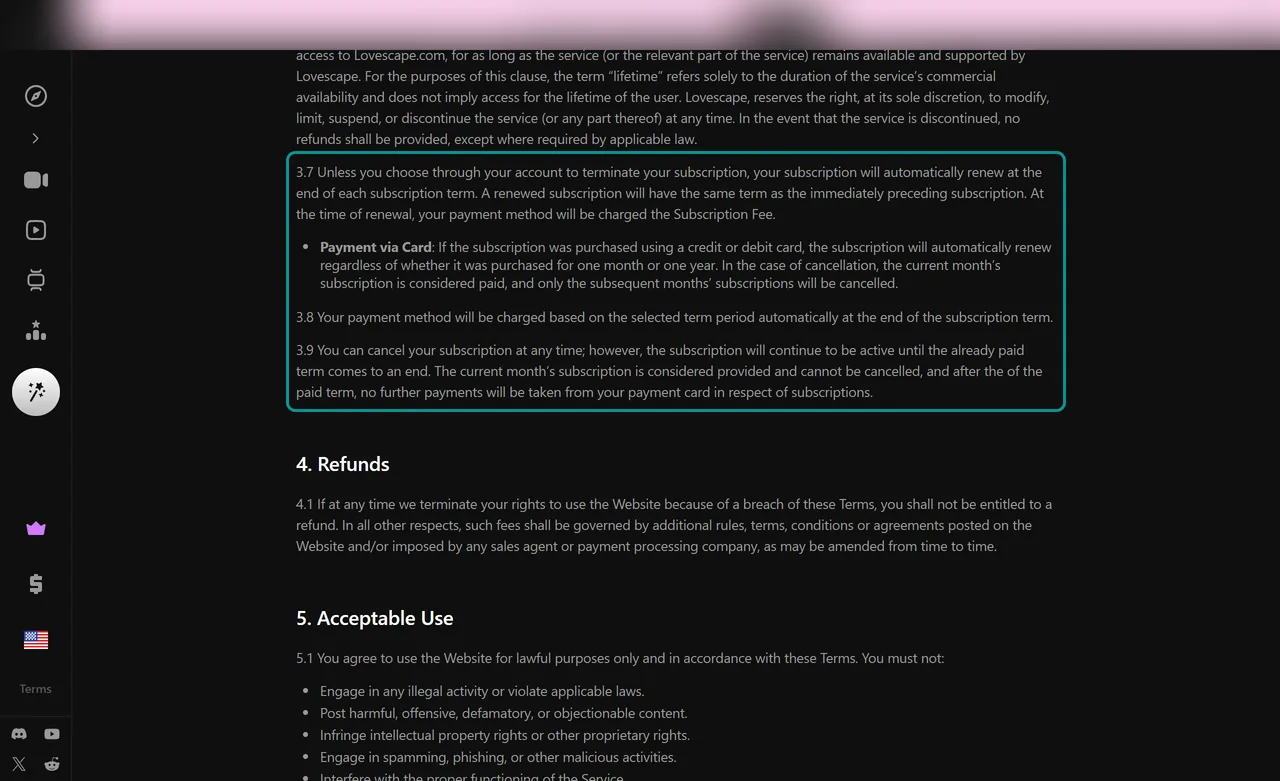 Lovescape Terms clauses 3.7 to 3.9 on automatic renewal and canceling before the paid term ends