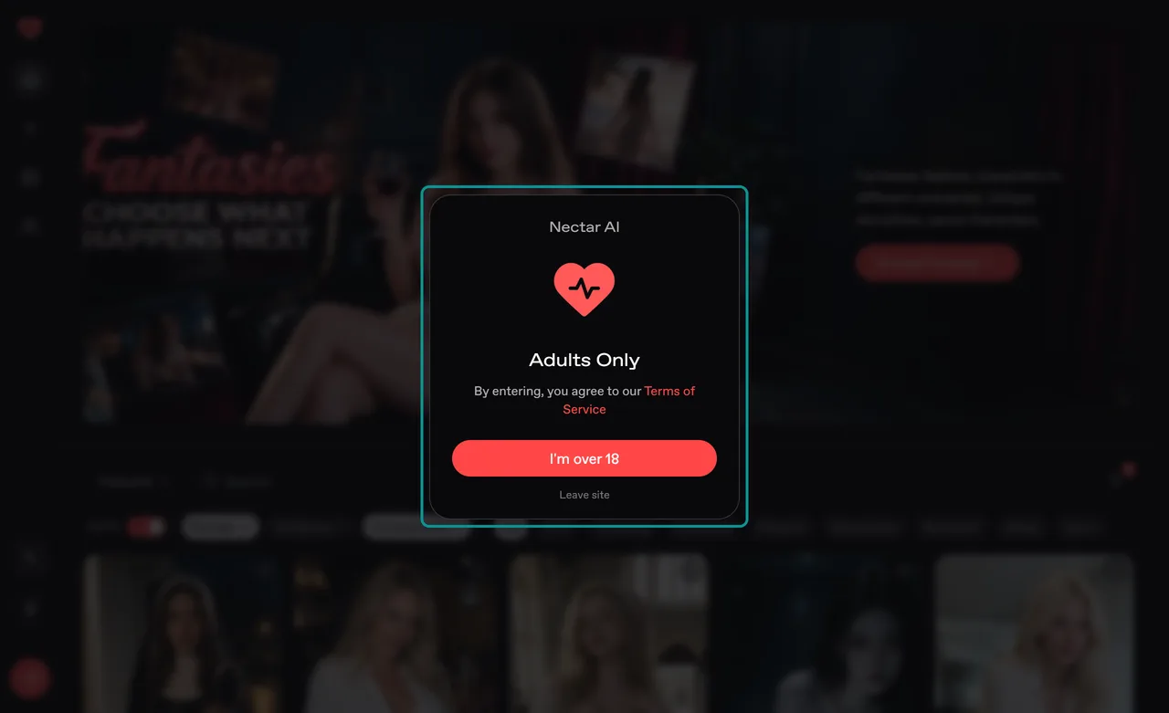 Nectar AI Adults Only window with I’m over 18 and Leave site