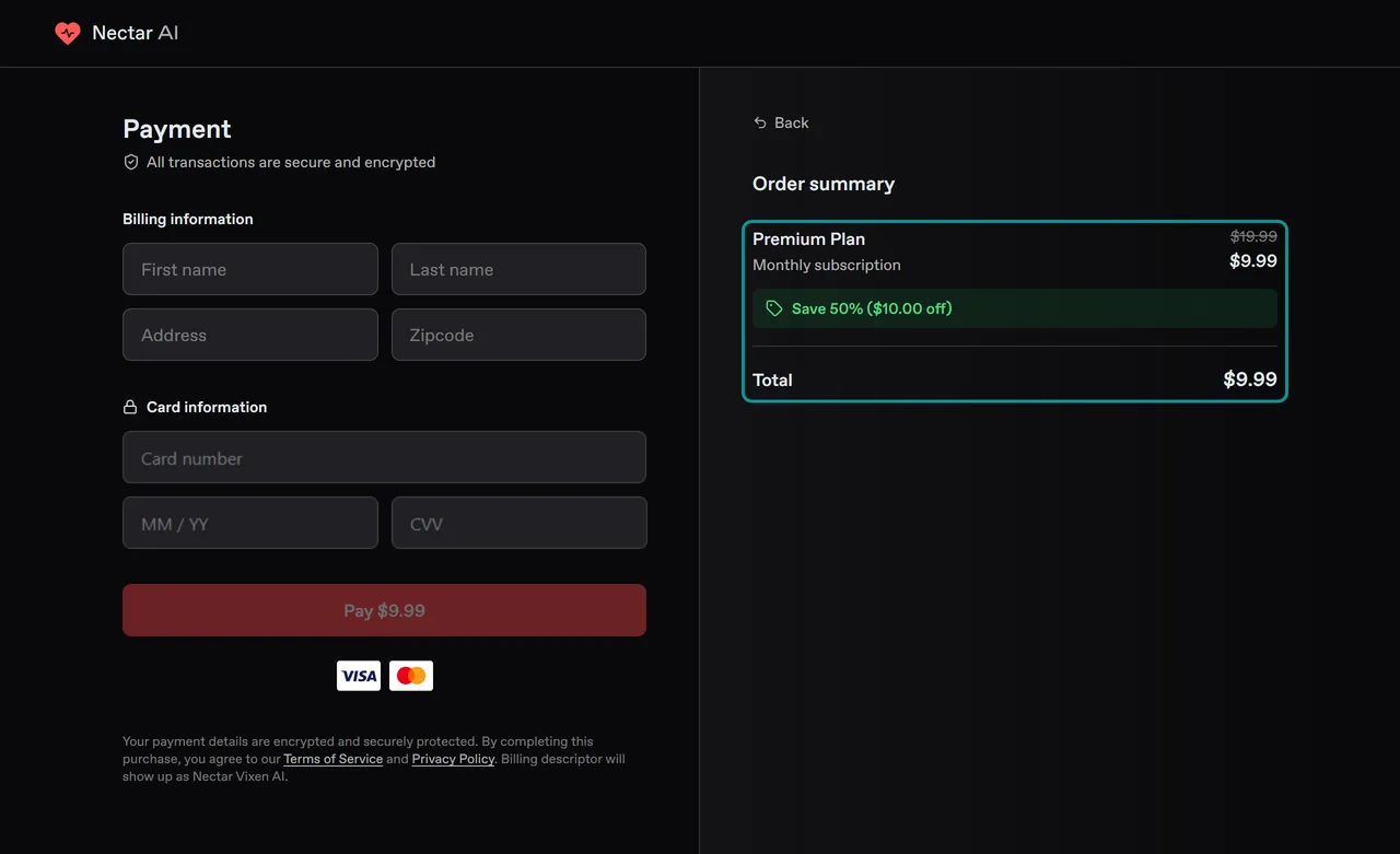 Nectar AI checkout order summary with Premium monthly at $9.99