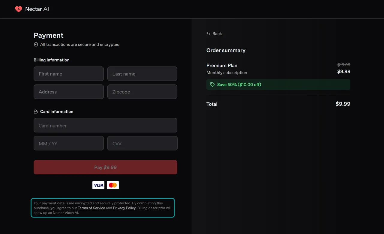 Nectar AI checkout line naming Nectar Vixen AI as the billing descriptor