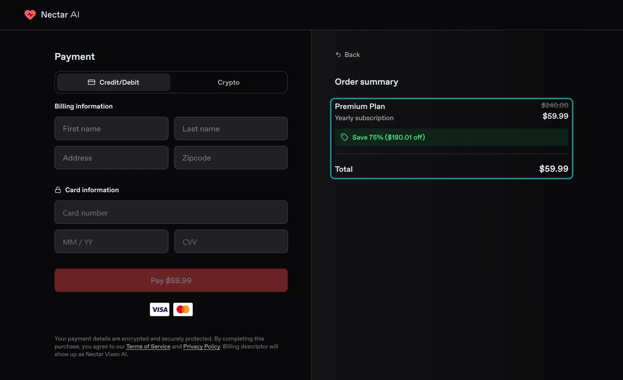 Nectar AI yearly checkout at $59.99 shown as 75% off a crossed-out total