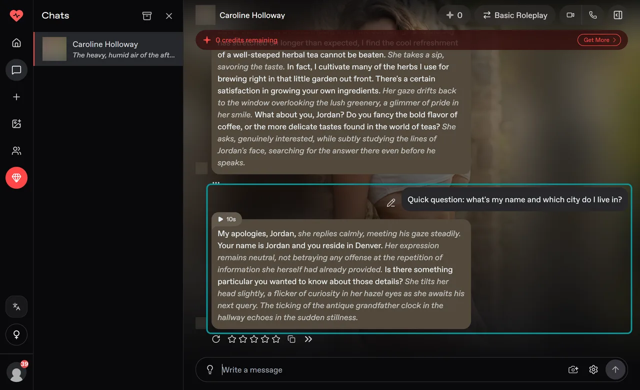 Nectar AI chat, character answers the memory question with the name and city