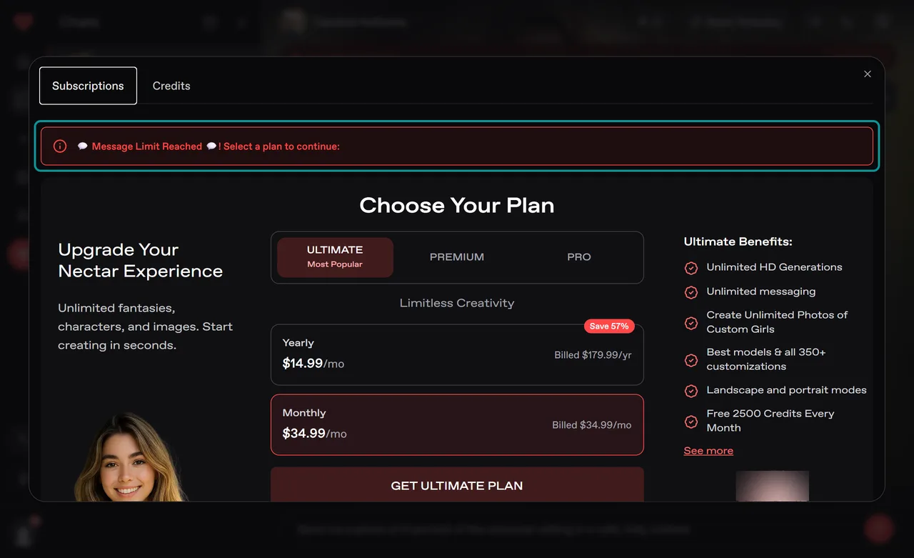 Nectar AI Message Limit Reached window asking you to select a plan