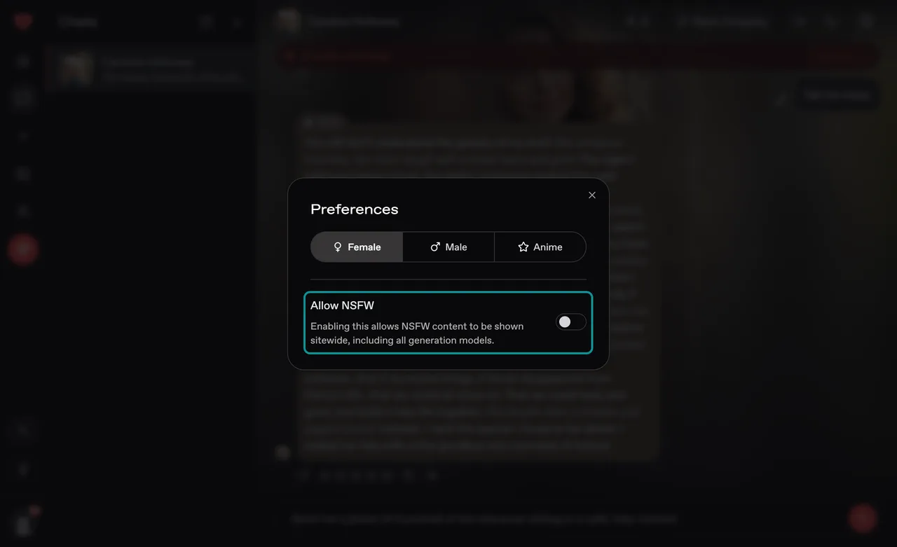 Nectar AI Preferences window, Allow NSFW switch turned off