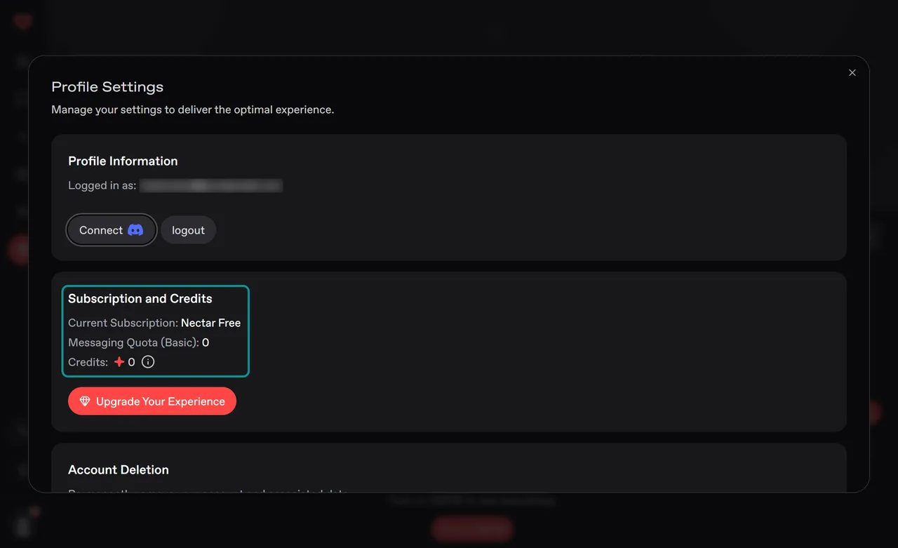 Nectar AI Profile Settings showing the free plan with a messaging quota of 0