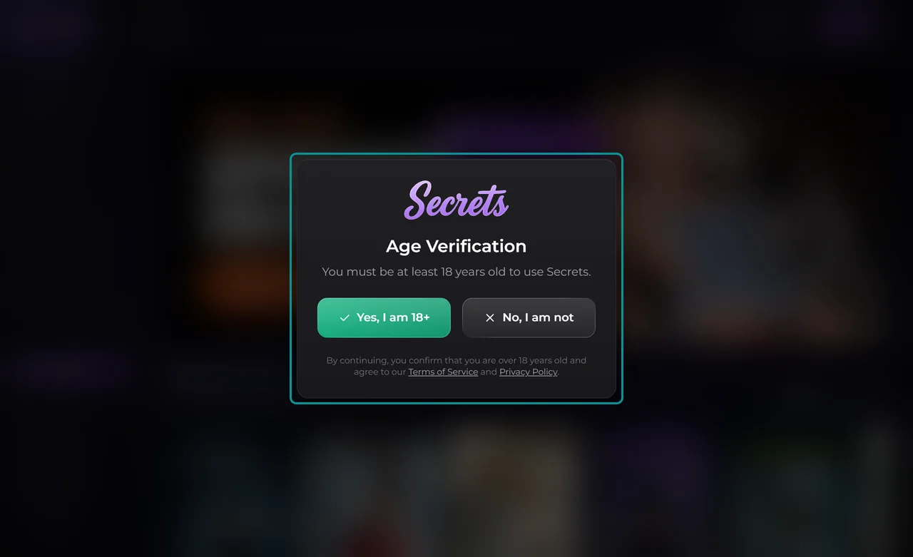 Secrets AI Age Verification window with Yes, I am 18+ and No, I am not