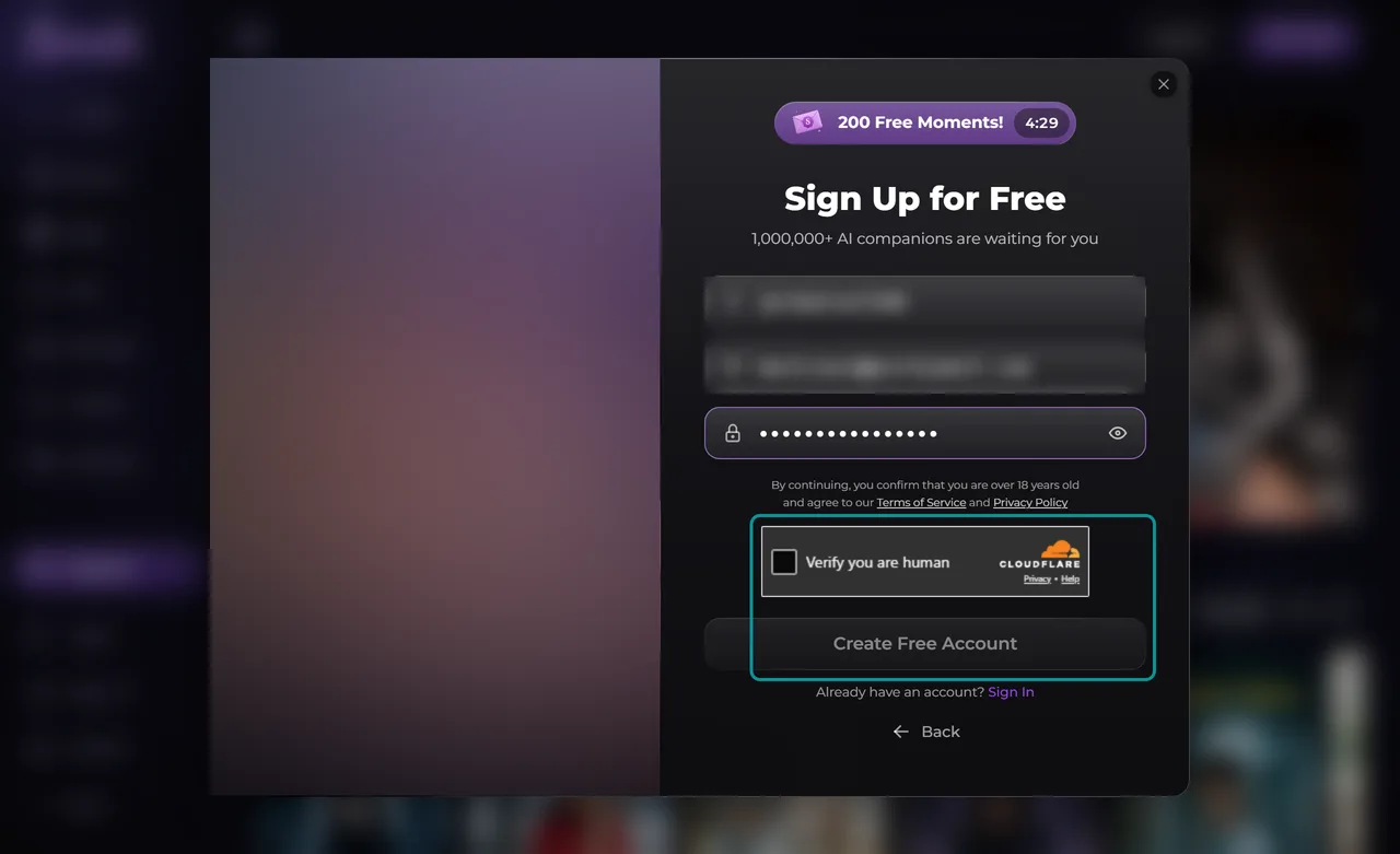 Secrets AI sign-up form with a Cloudflare Verify you are human check