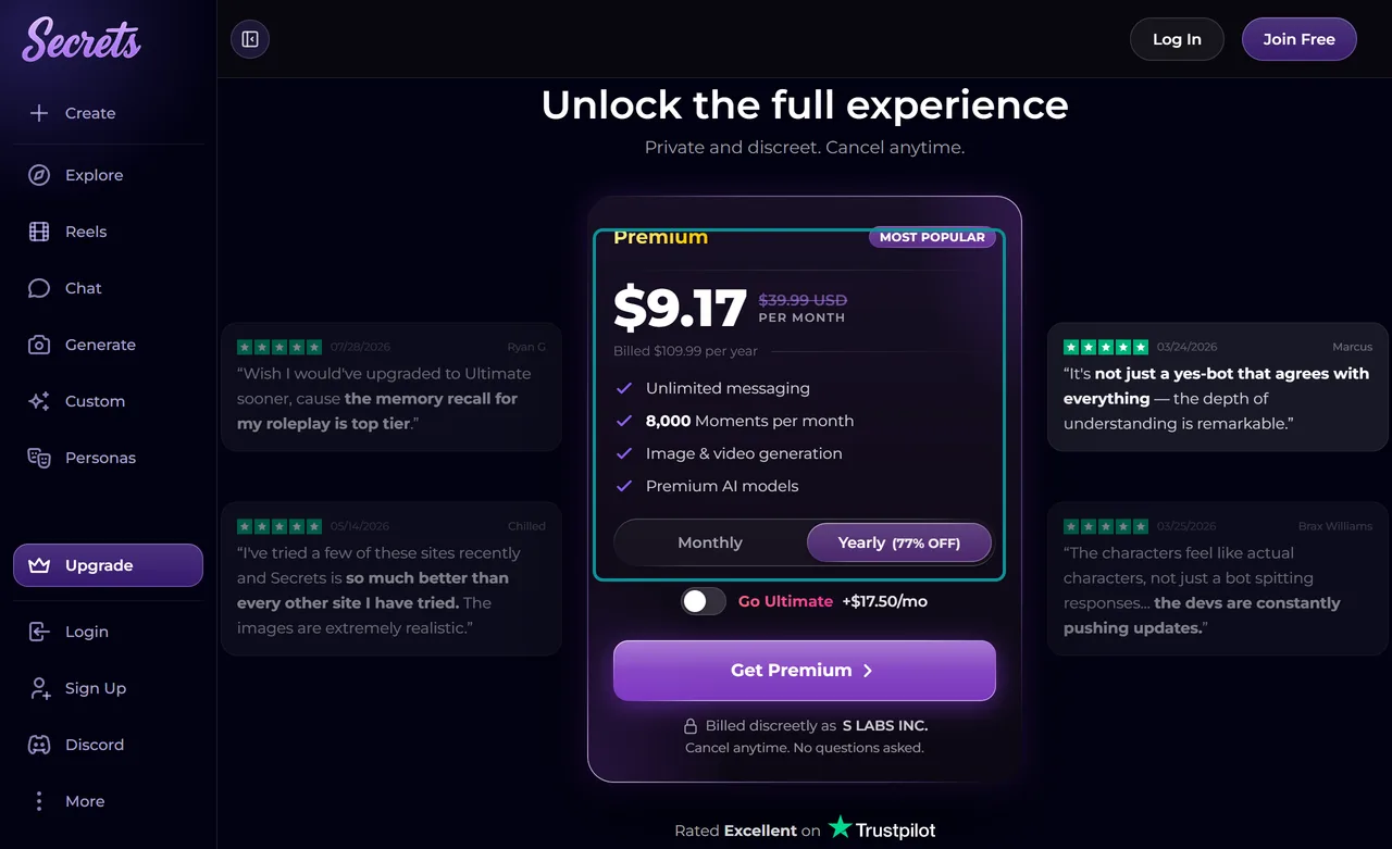 Secrets AI store with yearly Premium at $9.17/mo and a crossed-out price