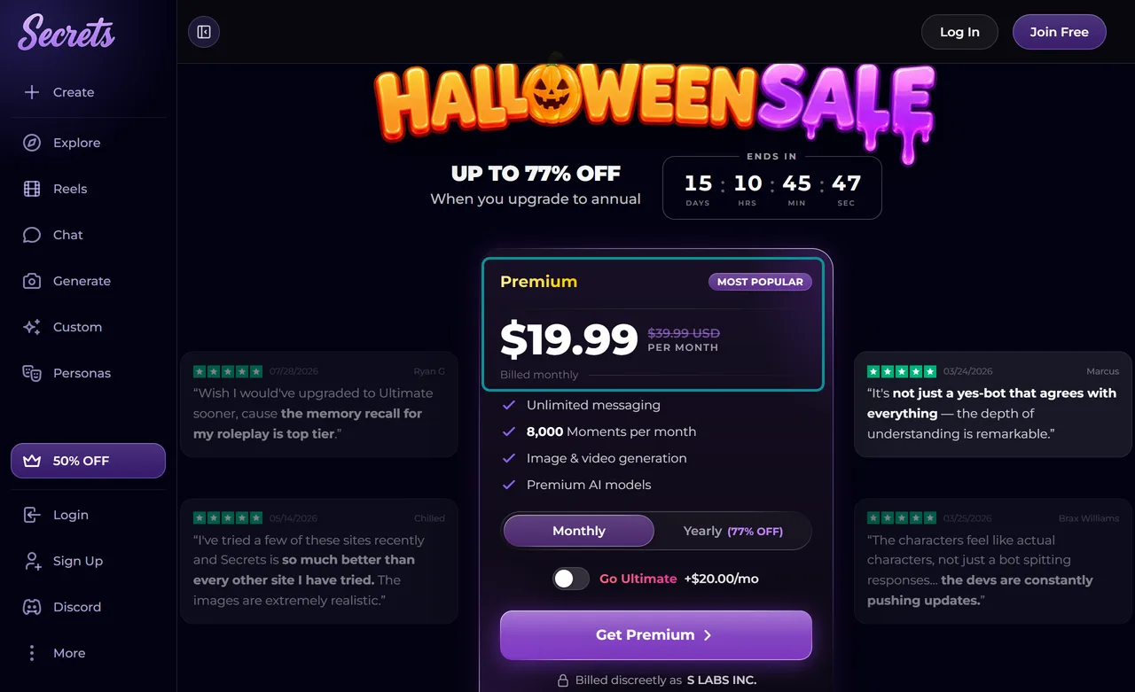 Secrets AI store with monthly Premium at $19.99 and a crossed-out price
