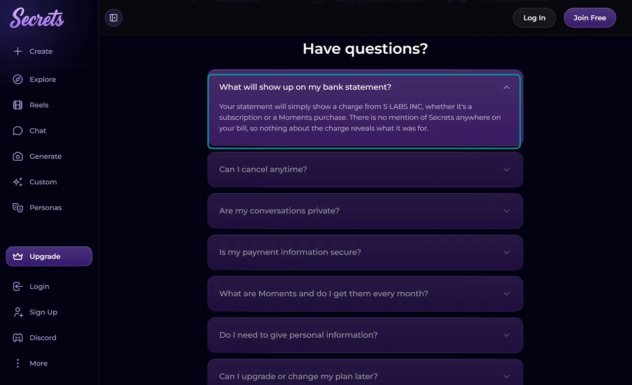 Secrets AI store FAQ saying the charge shows as S LABS INC on your statement