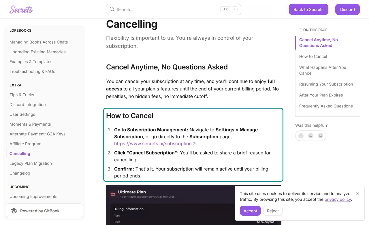 Secrets AI wiki steps to cancel under Settings and Manage Subscription