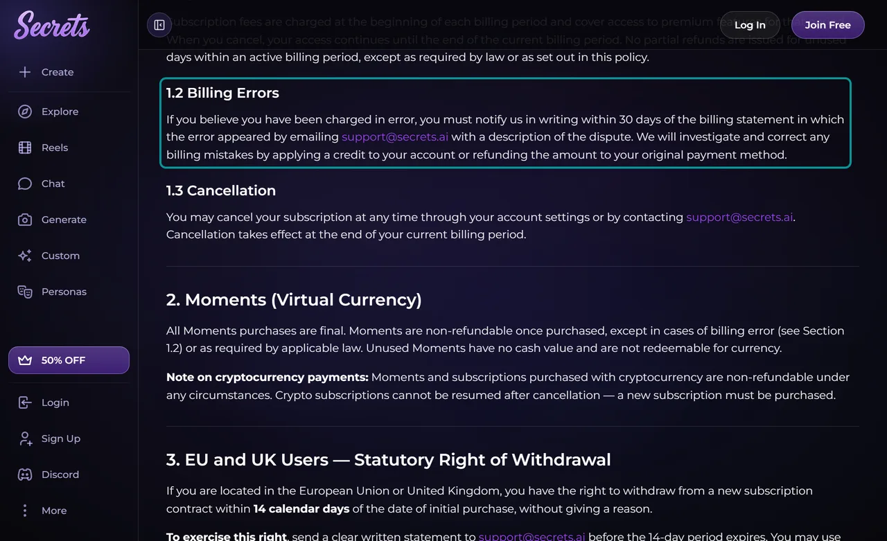 Secrets AI Refund Policy section on billing errors within 30 days
