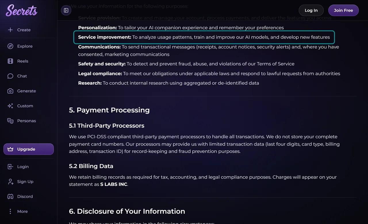 Secrets AI Privacy Policy line on training its AI models