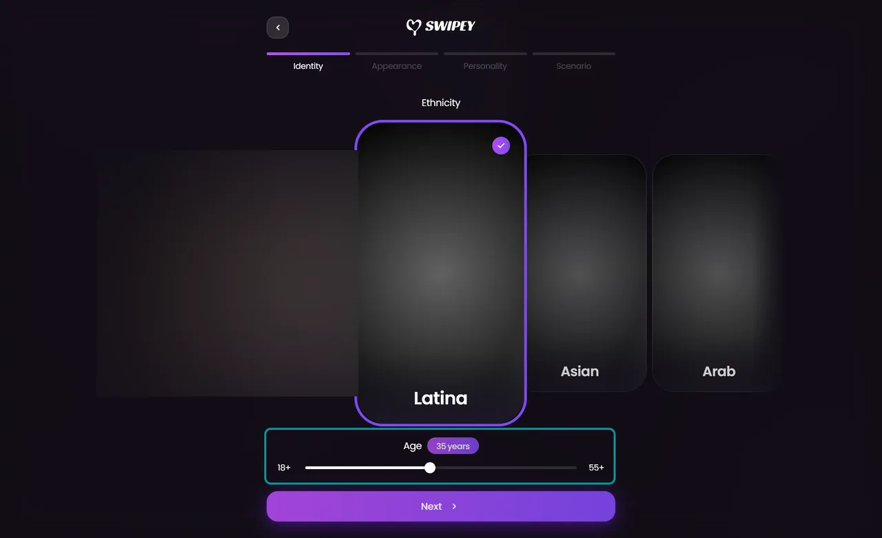 Swipey Create AI builder Identity step with an ethnicity choice and an age slider from 18+ to 55+