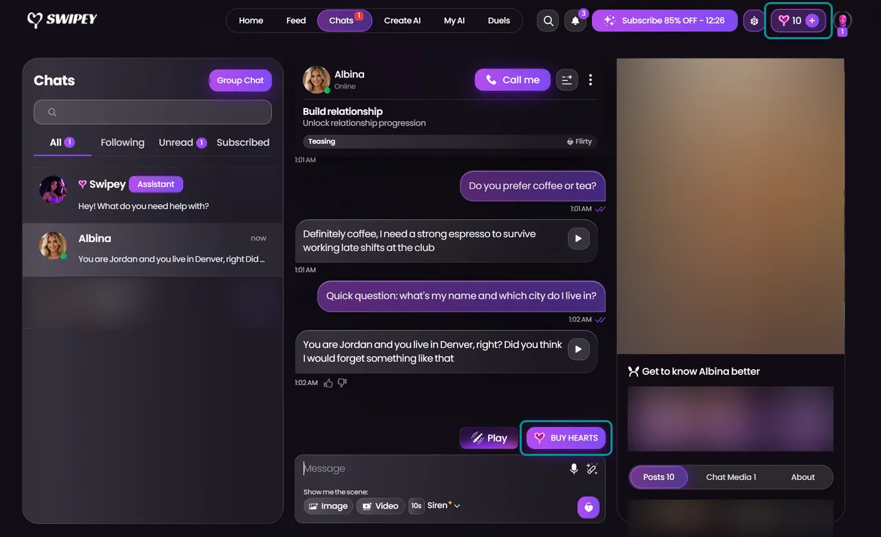 Swipey Hearts balance of 10 after five messages and the Buy Hearts button