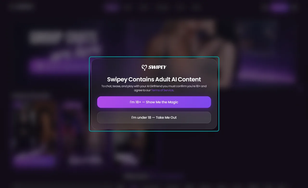 Swipey age gate saying Swipey Contains Adult AI Content with I'm 18+ and I'm under 18 buttons