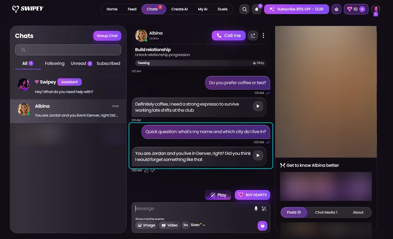 Swipey AI chat where the character answers the memory question with the name and the city