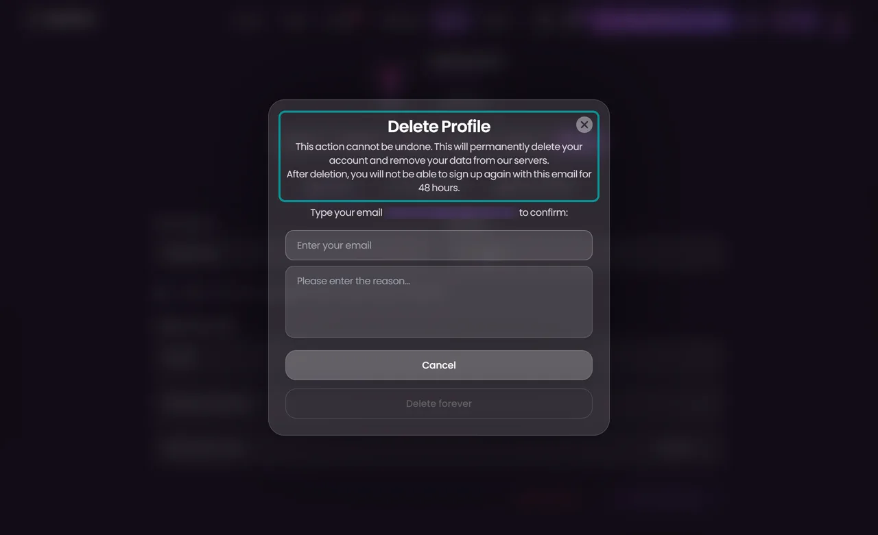 Swipey Delete Profile window saying the email can't sign up again for 48 hours