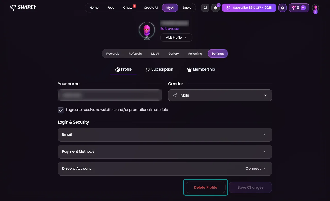 Swipey profile settings with the Delete Profile button and no safe mode switch
