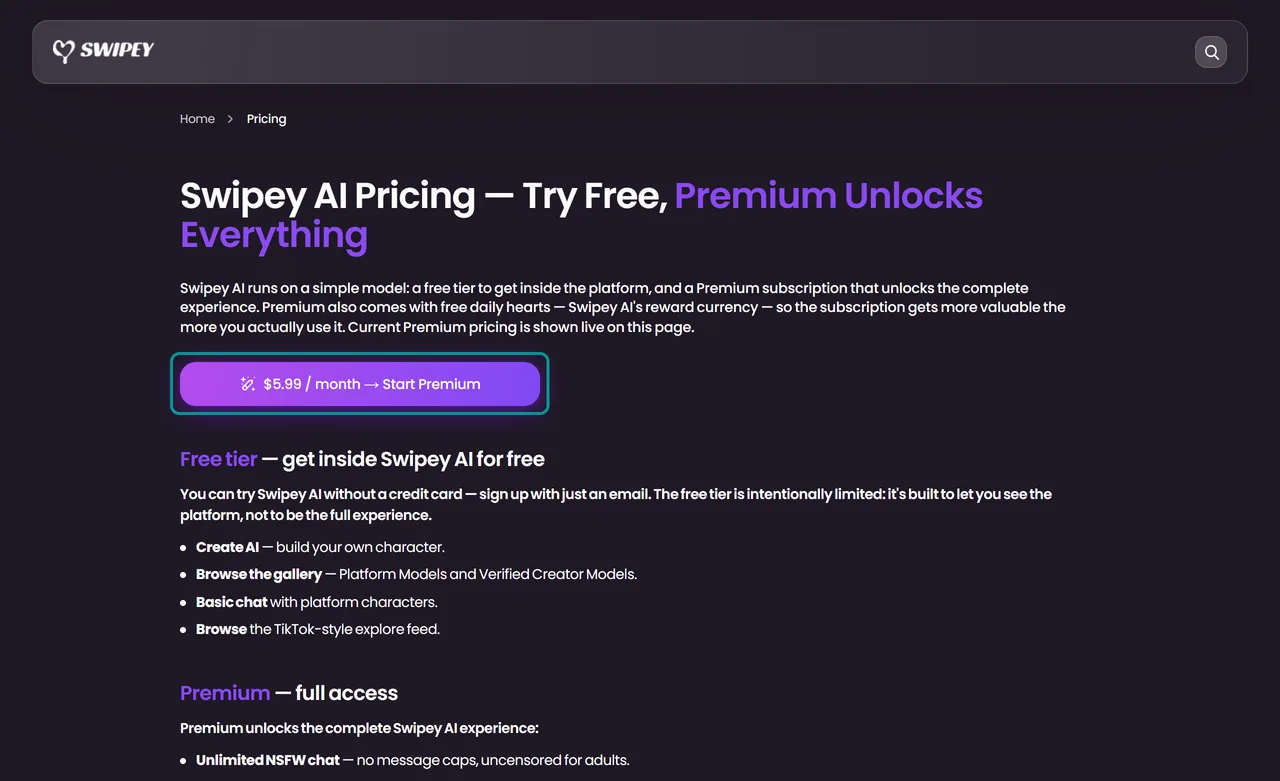 Swipey pricing page button reading $5.99 / month Start Premium