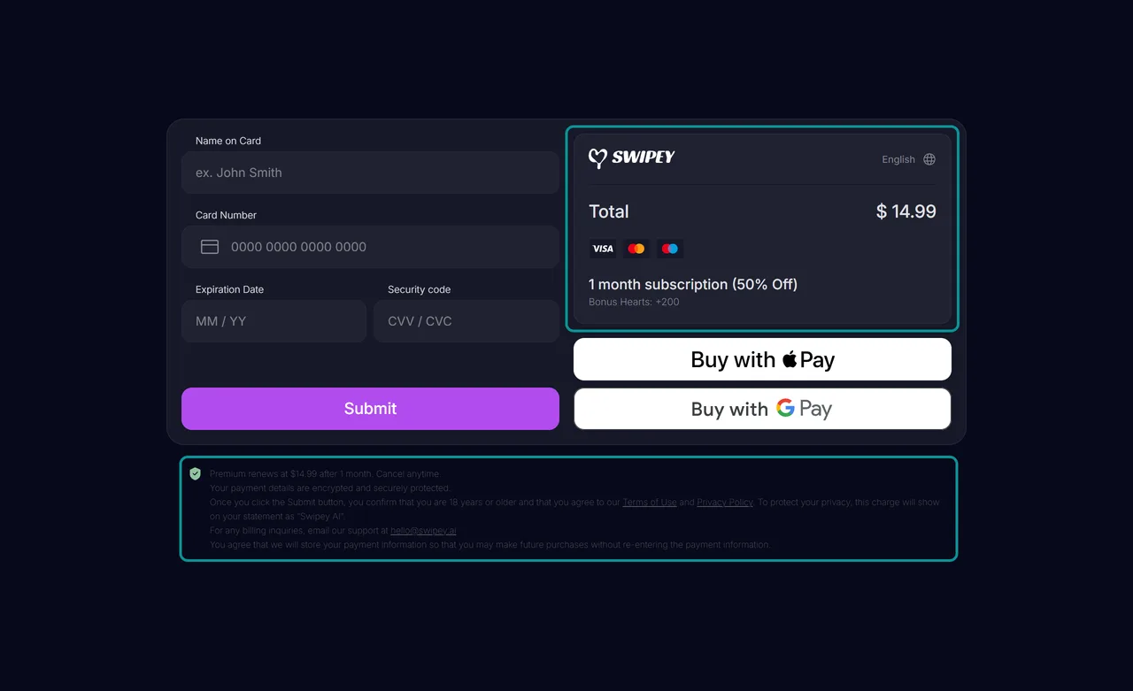 Swipey payment page at $14.99 saying the charge will show on your statement as Swipey AI